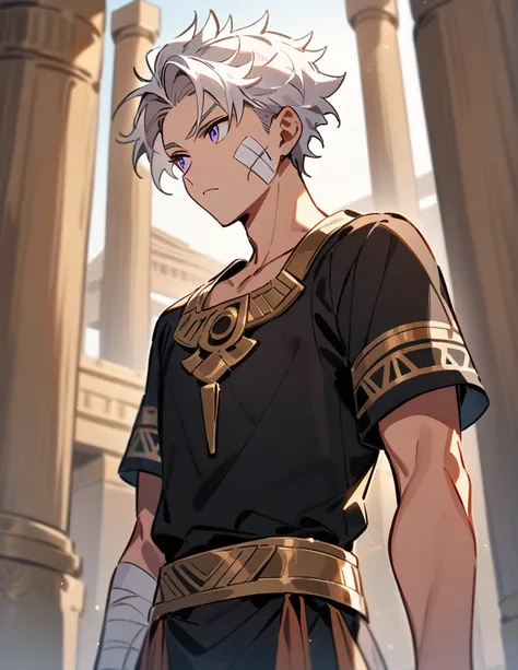 small Greek boy with white hair, violet eyes, wearing an all-black Greek shirt with small gold details, with bandages on his cheek and arm, standing scratching his head while looking away from his golden gaze, with a Greek temple with red flowers in a blur...