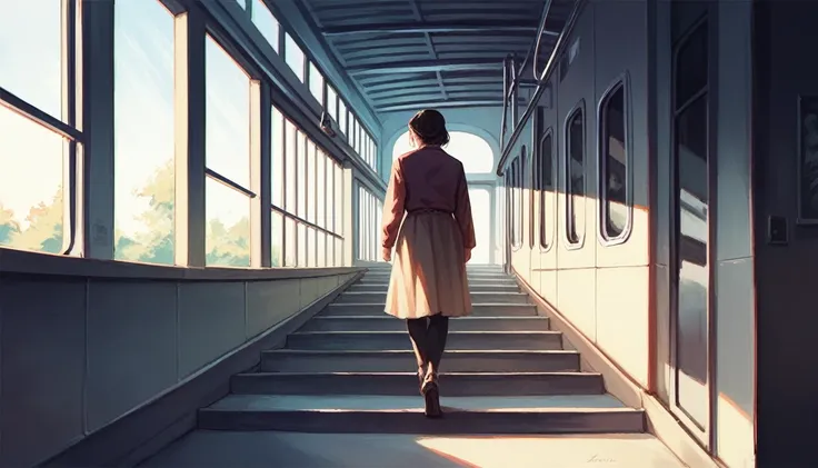 masterpiece,best quality,ultra detailed,(1girl:1.2),girl walking down subway stairs, back angle shot, dramatic lighting,female f...