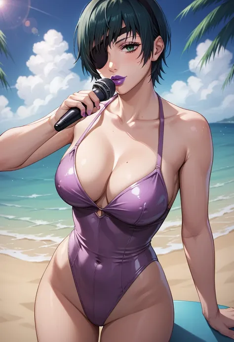 himeno, Himeno(Chainsaw Man), mature female, mature, Adult, 1girl, black hair, short hair, eyepatch, solo, holding microphone,  kissing microphone,chest, Beach, Night, Latex pink leotard, dramatic angle, unique perspective, unique angle, purple lips, maste...