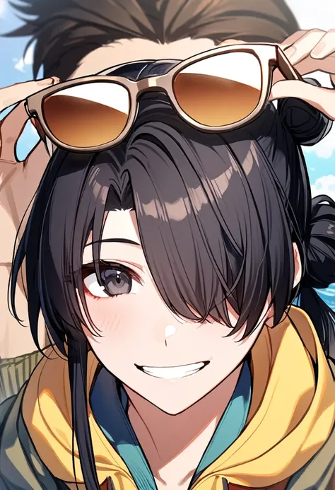 1 boy, shoulder-length black hair tied in a man bun , black eyes, clear skin, place sunglasses over your eyes, hoodie, smiling