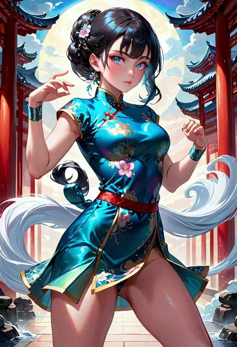 (masterpiece), best quality, expressive eyes, perfect face, Adult Female,long dark iridescent hair, iridescent eyes, small waist, , large thighs, martial art leg pose, cheongsam