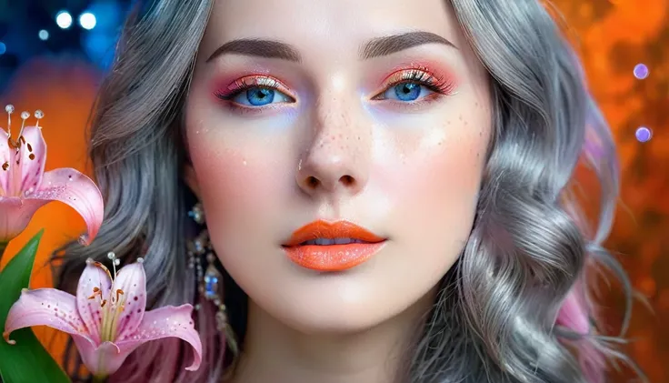 Beautiful realistic girl with blue long hair... ,..... ,Close-up of clean skin with detail ,,in a pink blouse,on an orange background ,Against the background of the starry sky,bright makeup,EARRINGS WITH SEquins, gray two-leaf flower, translucent gray spec...