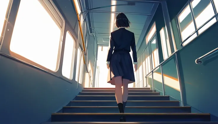 masterpiece,best quality,ultra detailed,(1girl:1.2),girl walking down subway stairs, back angle shot, dramatic lighting,female focus, centered, photoreal painting background
