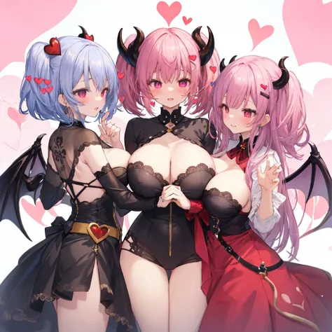 Details, ultra-detailliert, masterpiece, top-quality, Beautiful fece, A detailed eye, (3 women:1.4), Three Succubi (symmetrical succubus wings), (triplets:1.2), (ribbon:1.1), (two side up), tie, Bree, earrings, Suspicious face, (white background:1.3), alic...