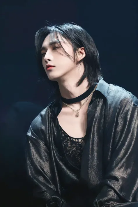 a close-up of a person sitting in a chair wearing a black shirt, cai xukun, delicate androgynous prince, cute androgynous prince, inspired by Bian Shoumin, Jinyoung Shin aesthetic, Ulzzang spacious, with her long black hair, hyung tae, Jinyoung Shin, ruan ...