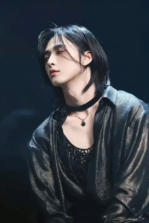 a close-up of a person sitting in a chair wearing a black shirt, cai xukun, delicate androgynous prince, cute androgynous prince, inspired by Bian Shoumin, Jinyoung Shin aesthetic, Ulzzang spacious, with her long black hair, hyung tae, Jinyoung Shin, ruan ...