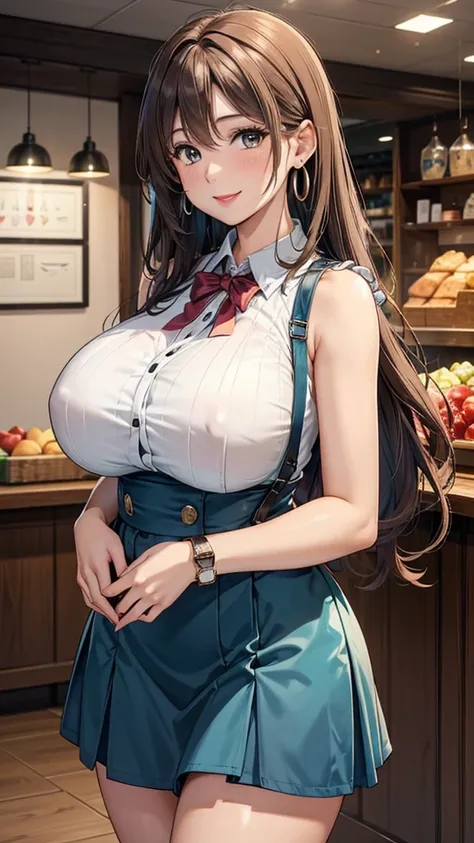 Female 26 years old，housewife，Sunlight，Smile，put on lipstick，Light brown curly hair，Aqua blue suspender skirt，Slightly plump，huge firm breasts，market shopping，Wearing a watch on the right hand，half moon earrings