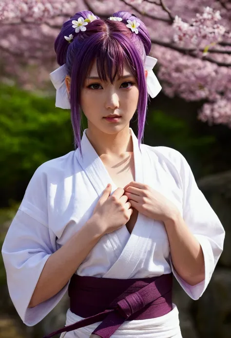 (best quality:1.1), (Masterpiece:1.2), Portrait, 1 girl, Yuzuriha_(Jigokuraku), purple hair, brown eyes, Ninja, Open the clothes., cleavage, small breasts, topknot, medium hair, chest apart, White Obi, Beaming, Lush outdoors:1.1), flower (NSFW 1.5)