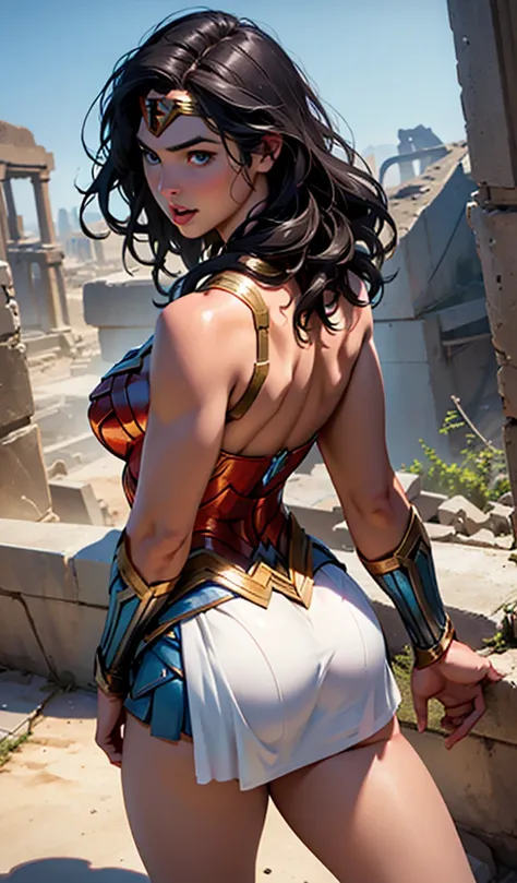 The character Wonder Woman, with features of actress Gal Gadot, upturned buttocks, bright blue eyes, beautiful mouth and big lips, back upwards angle view, ruins of an ancient city in the background 