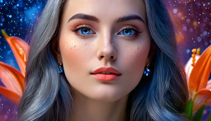 Beautiful realistic girl with blue long hair... ,..... ,Close-up of clean skin with detail ,,in a pink blouse,on an orange background ,Against the background of the starry sky,bright makeup,EARRINGS WITH SEquins, gray two-leaf flower, translucent gray spec...