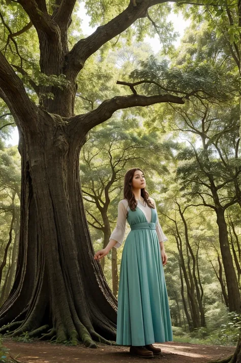 Elara, dressed in simple yet elegant clothing, returns to the ancient oak tree. She places a hand on its trunk with a look of deep respect and gratitude. The forest around her is vibrant and full of life, symbolizing the harmony she has helped nurture.