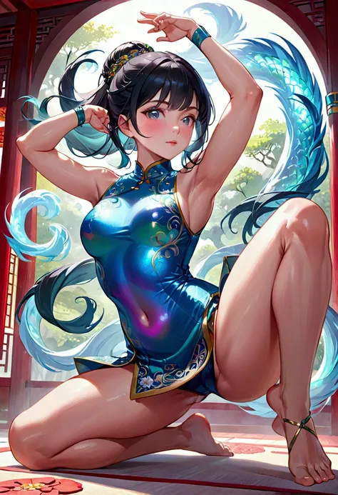 (masterpiece), best quality, expressive eyes, perfect face, Adult Female,long dark iridescent hair, iridescent eyes, small waist, , large thighs, martial art leg pose, arm pit,open legs, cheongsam