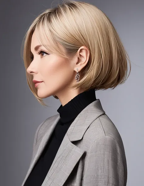 Beautiful featured bob on woman in her 40s, side view