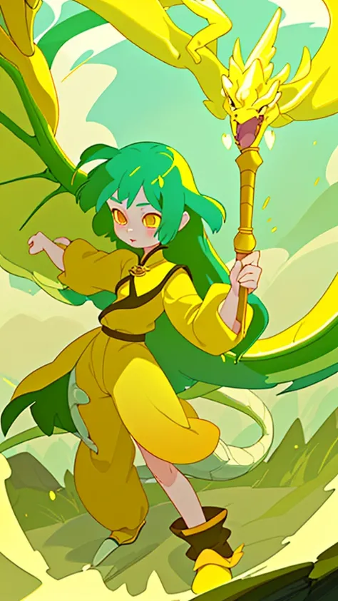 In a high fantasy world、Girl wearing yellow clothes　The girl, who is accompanied by a yellow dragon and has a lot of refined topaz, holds a magic wand in her left hand.