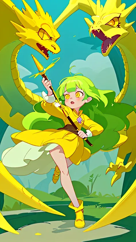 In a high fantasy world、Girl wearing yellow clothes　The girl, who is accompanied by a yellow dragon and has a lot of refined topaz, holds a magic wand in her left hand.