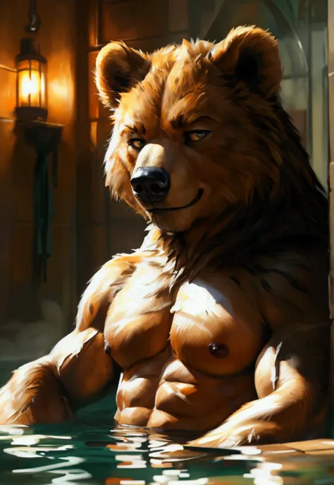 Goro(live_a_hero), bear, brown body, seductive smug face, bodybuilder, topless, muscular male, muscular, detailed muscles, detailed fur, bright fur, bright body, night, detailed face, high detailed, high resolution, underwear, high quality, detailed eyes, ...