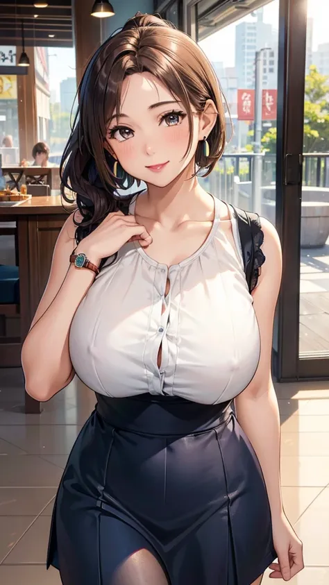 Female 26 years old，housewife，Sunlight，Smile，put on lipstick，Light brown curly short hair，A ponytail on the left，Aqua blue suspender skirt，Slightly plump，huge firm breasts，market shopping，Wearing a watch on the right hand，half moon earrings，Lace