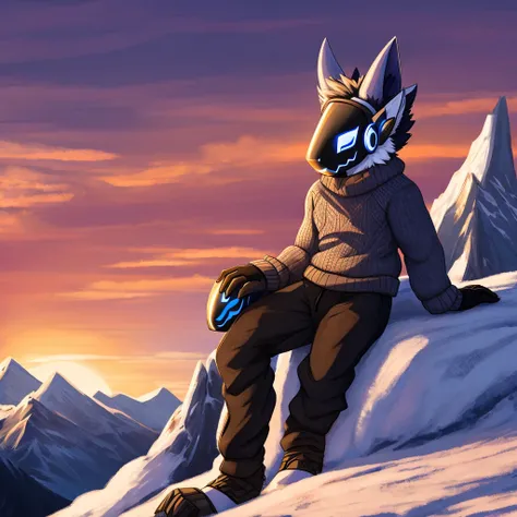 Hairy protogen with horns on his head and smiling in a mountainous sunset and blue with black and white with the body of a protogen with more vital parts and with a sweater and mountain pants