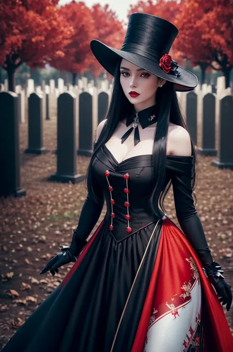 (Professional 3D rendering: 1.3) of (realistic: 1.3) Long black haired woman, beautiful, full body, wearing top hat, smoking cigarette, black and red pin dress, gloves, dark red lipstick, standing leaning against a tree in a cemetery at night, (vibrant and...