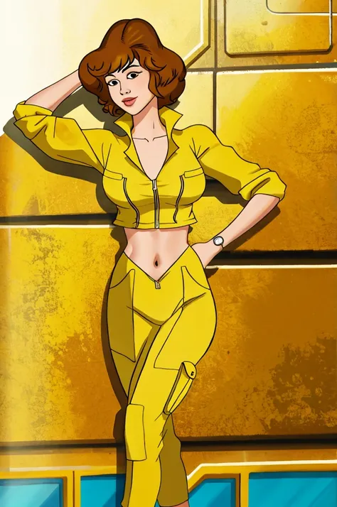 april o'neil wearing a crop top of her yellow jumpsuit