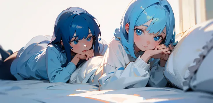 ((Best quality)), ((masterpiece)), (detailed), 1 anime from the edge, light blue hair, light blue eyes, lying in bed, white sweatshirt, lying on his stomach, looks at the camera, White background, perfect hands, cat&#39;s ears. stockings, long hair. perfec...