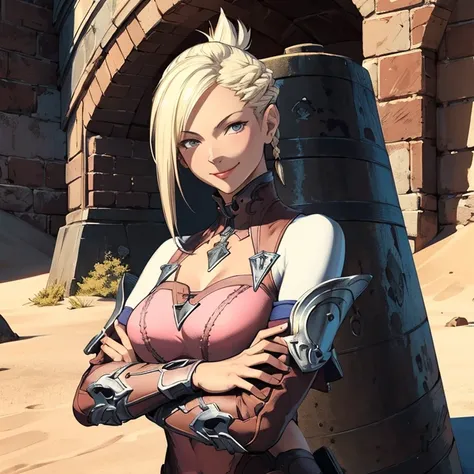 Minfilia,armor,blonde hair,(masterpiece:1.4),(best quality:1.4), (amazing), (great illustration:1.4), (ultra-detailed:1.4), (art CG, 8K),(smug:1.2),smile,crossed arms,in the desert