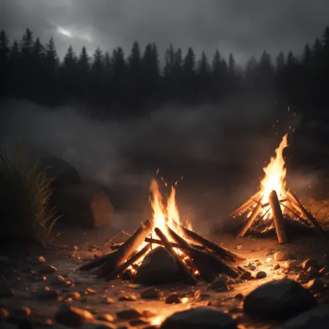 campfire, (luminescence:0.1), smoke from fire, water, racking morning light, misty rain, documentary movie shot, ((macro)) sharp...