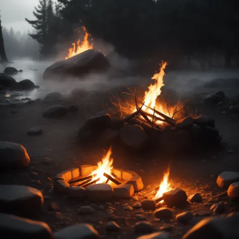 campfire, (luminescence:0.1), smoke from fire, water, racking morning light, misty rain, documentary movie shot, ((macro)) sharp...