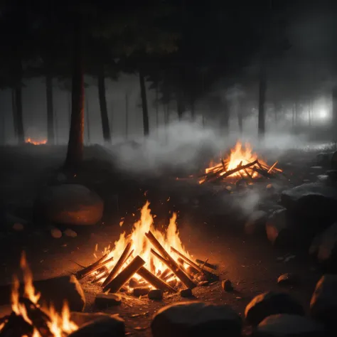 campfire, (luminescence:0.1), smoke from fire, water, racking morning light, misty rain, documentary movie shot, ((macro)) sharp...