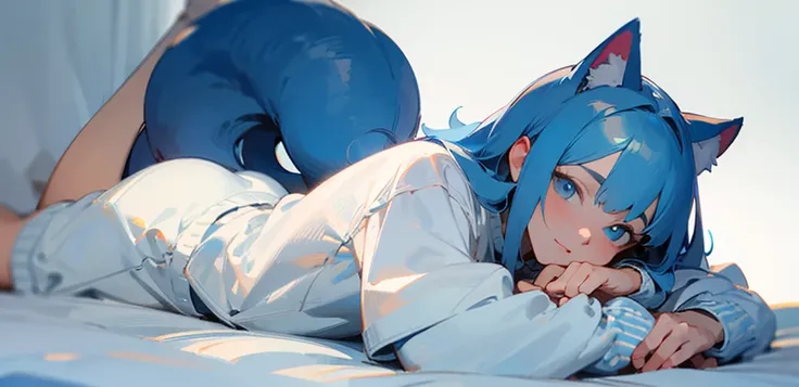 ((Best quality)), ((masterpiece)), (detailed), 1 anime from the edge, light blue hair, light blue eyes, lying in bed, white sweatshirt, lying on his stomach, looks at the camera, White background, perfect hands, cat&#39;s ears. stockings, long hair. perfec...