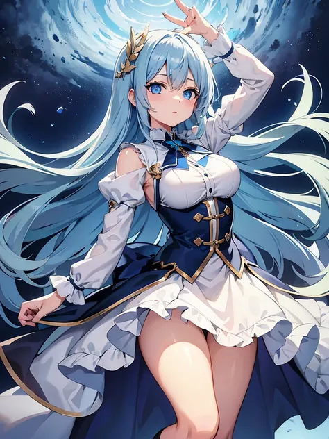 masterpiece,high quality,(full body 1.2),animated standing portrait, white cape and blue shirt,(blue hair 1.4),anime girl with l...