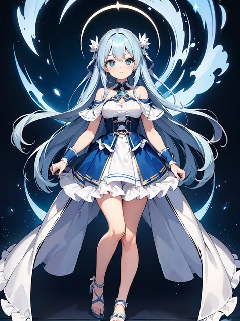 masterpiece,high quality,(full body 1.2),animated standing portrait, white cape and blue shirt,(blue hair 1.4),anime girl with l...