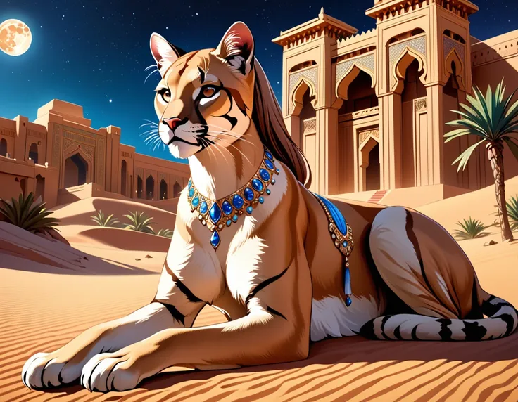 arafed picture of a desert princess break and her pet cougar in her palace high details, best quality, 16k, f a female human pri...