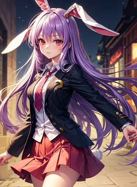 1girl, reisen udongein inaba (touhou), red eyes, rabbit girl, rabbit ears, rabbit tail, purple hair, light purple hair, very long hair, blazer, black jacket, white shirt, collared shirt, blouse, red necktie, buttons, long sleeves, pink skirt, crescent pin