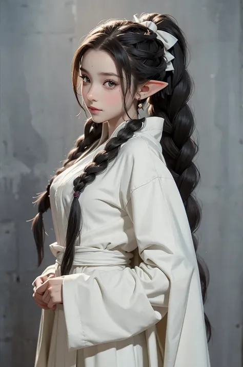 elf, young cute boy, long hair, braids, young, cute, ,medieval clothes, black and white clothes, jester, tanned skin, robe, port...