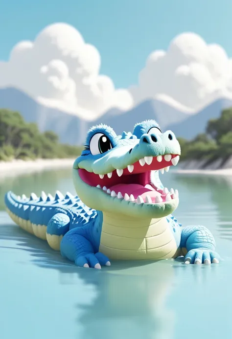 low quality, line art, one crocodile, cute, (fluffy), (stuffed), blue, smiling, landscape, swim, white background,