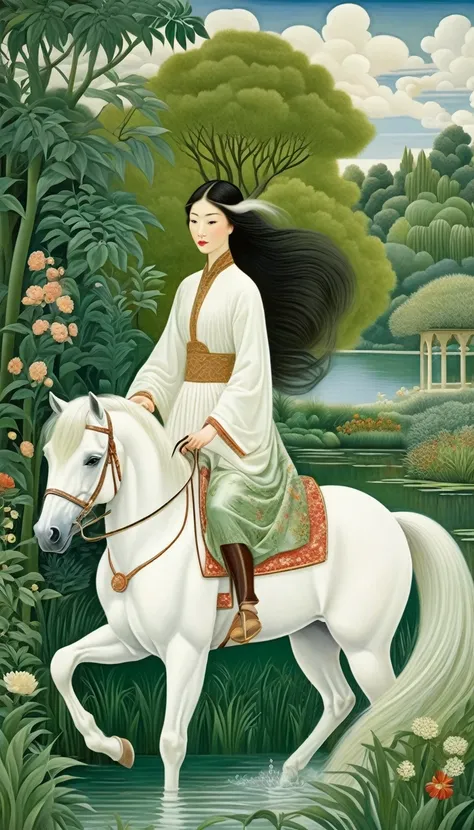 The Oriental girl rides a white horse in the garden, by the lake, the breeze blows her long hair, the dense green plants，in style of Angela Barrett and henri rousseau