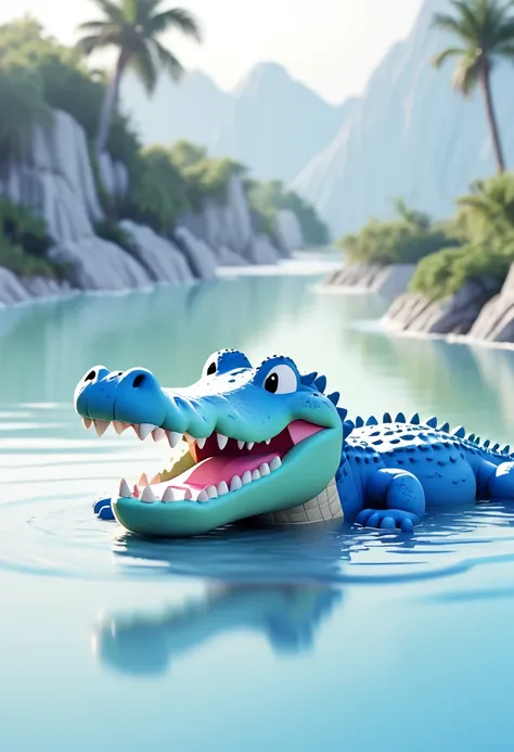 low quality, line art, one crocodile, cute, (fluffy), (stuffed), blue, smiling, landscape, swim, white background,