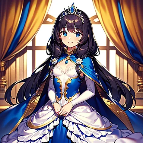 looking at viewer, upper body,(masterpiece),(best quality),(rococo style),(long train blue cape:1.15), very long cape,(long train white ball gown with flower decorations:1.1), a girl is wearing a cape over her gown, 1 little princess, tiara, smile, very lo...