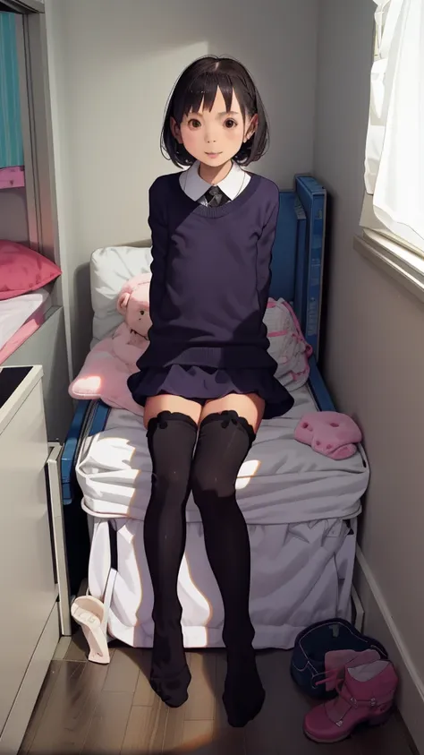 1girl,6yo,(petite),my room,,looking viewer,,thighhighs,shoes,