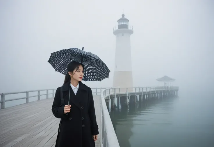 Beautiful 36 year old Korean woman, 짧은 middle 머리, Black coat, black umbrella, 멀리 Fog속 등대 불빛, cool,rain,blur,Fog,middle,cool,boring,,pier,only,lighthouse in the distance,darkness이 내리는 해안, The dim light shines in the Fog,and the figure stands in the Fog hold...