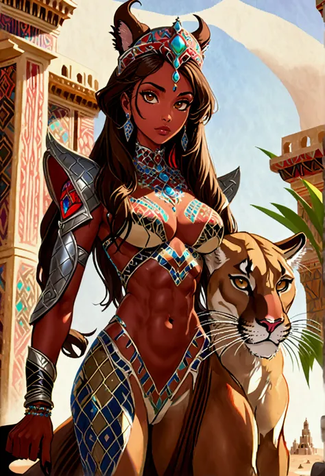 Arafed picture of a desert princess BREAK and her pet cougar in her palace high details, best quality, 16k, f a female human princess and her pet cougar, princess of the desert, full body, ((anatomically correct: 1.5)) ((standing: 1.5)) proudly royalty dem...