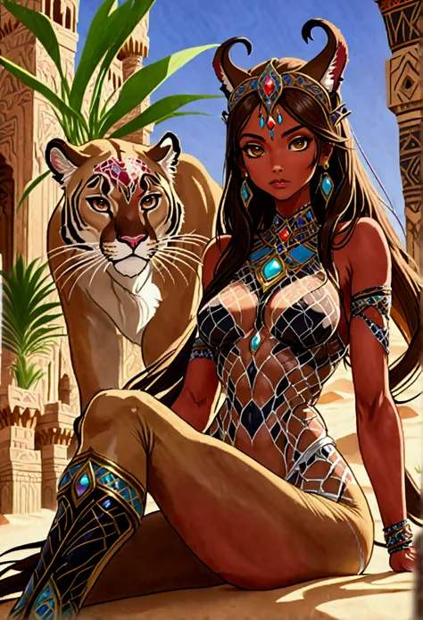 Arafed picture of a desert princess BREAK and her pet cougar in her palace high details, best quality, 16k, f a female human princess and her pet cougar, princess of the desert, full body, ((anatomically correct: 1.5)) ((standing: 1.5)) proudly royalty dem...