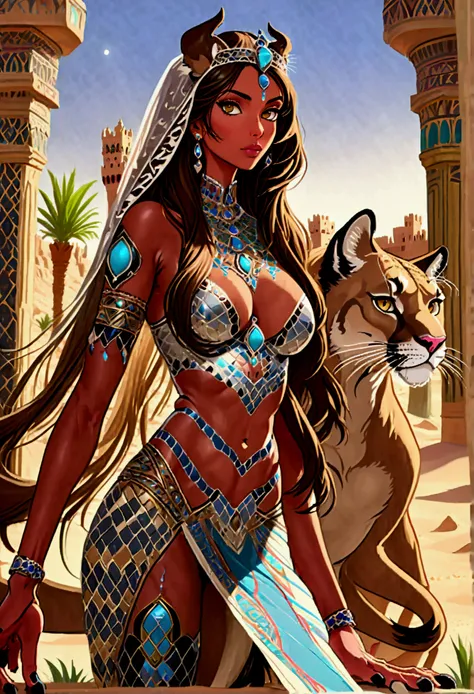 Arafed picture of a desert princess BREAK and her pet cougar in her palace high details, best quality, 16k, f a female human princess and her pet cougar, princess of the desert, full body, ((anatomically correct: 1.5)) ((standing: 1.5)) proudly royalty dem...