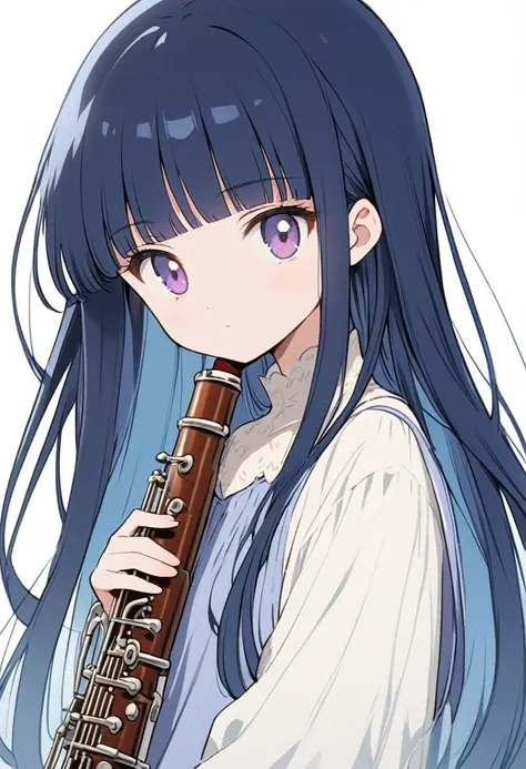 Blue Hair、Long Hair、Straight Hair、Neat bangs、(/Yorozuka Mizore)、animeキャラクター、anime、She is playing a beautifully shaped oboe.、girl、Expressionless、White background