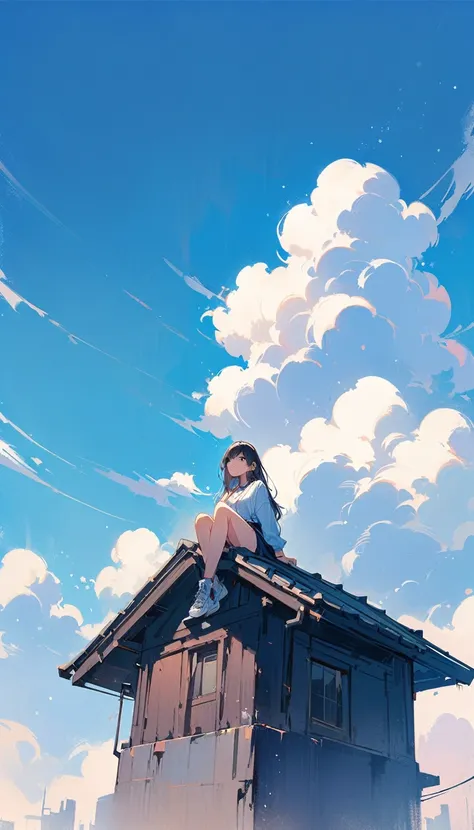 (masterpiece, best quality:1.2), 1 very beautiful girl, alone, Happy expression while sitting on a railing on the roof of a very tall building and looking up at the camera, whole body, Beauty of blue sky full of white clouds, simple background, Nizi 5,