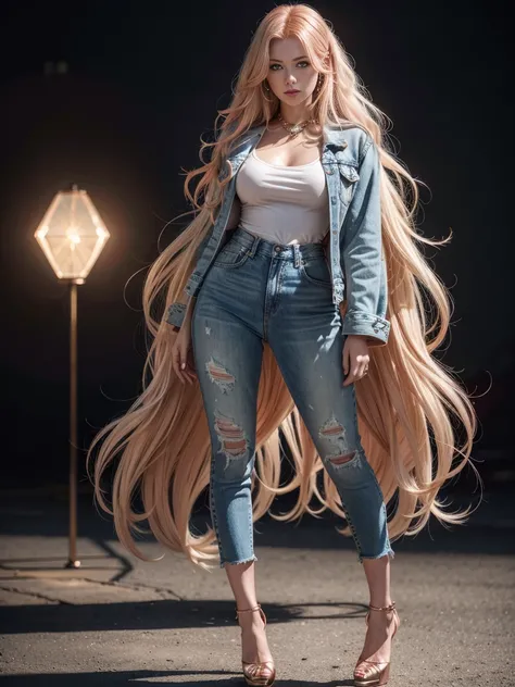 redhead woman with long white hair beautiful face , Rose gold denim jacket and crystal high heels, real background and 8k image  