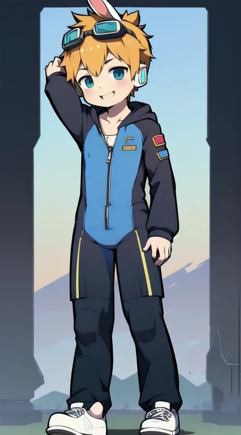 2D Boy Shota，One-piece mountaineering suit，Slim, Put the headphones on your head，stand up，goggles，Rabbit ears，happy，tie，Zipper pulled down，sports shoes