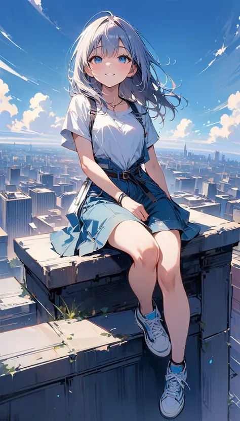 (masterpiece, best quality:1.2), 1 very beautiful girl, alone, Happy expression while sitting on a railing on the roof of a very tall building and looking up at the camera, whole body, Beauty of blue sky full of white clouds, simple background, Nizi 5,