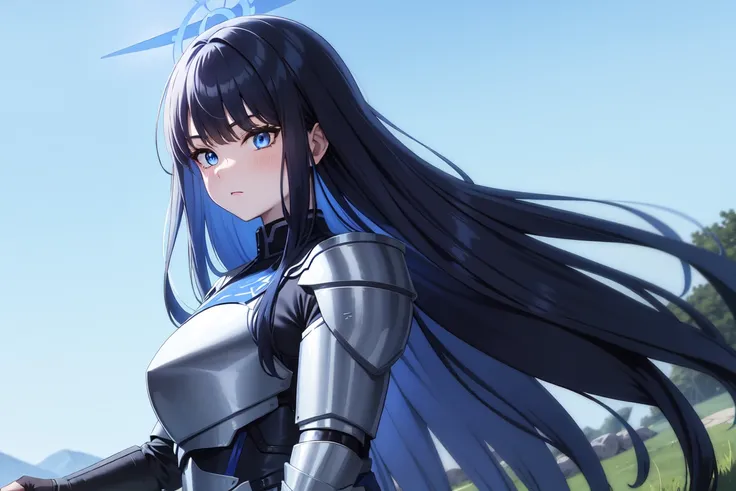 saori joumae, blue eyes, blue hair, halo, long hair, adventurer clothes, light armor:1.3